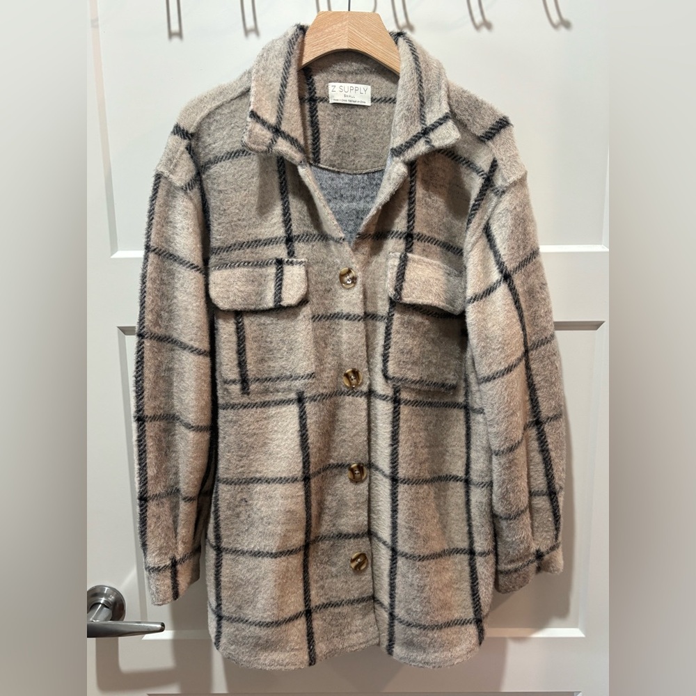 Z Supply Beige Plaid Utility Shacket with Black Windowpane